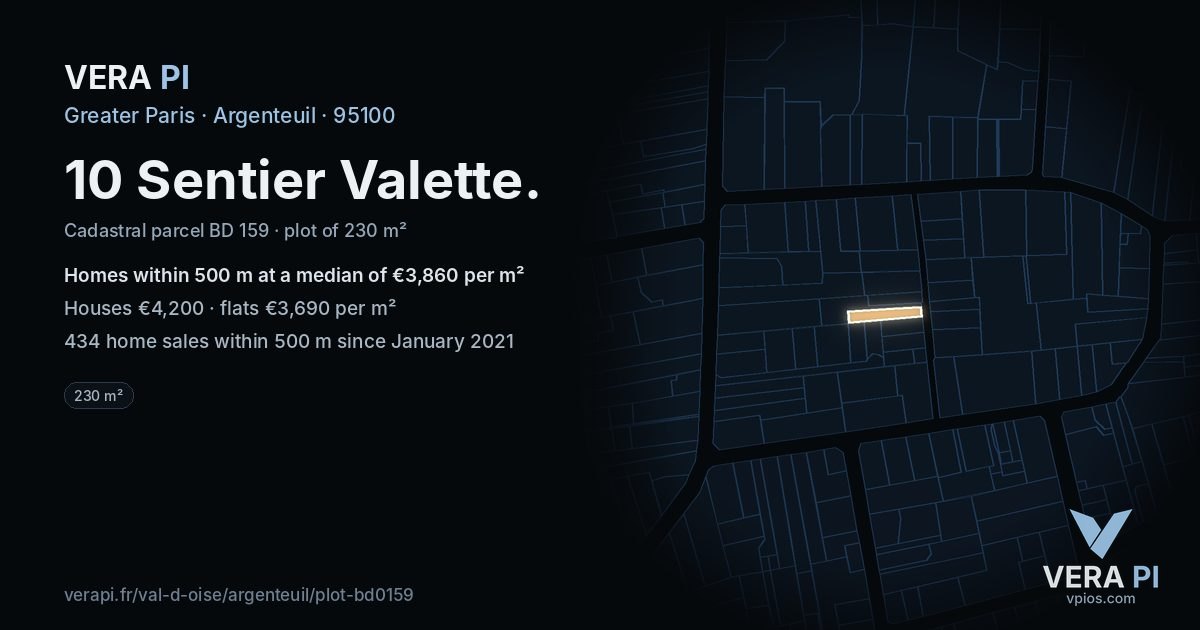 10 Sentier Valette, Argenteuil at night – the plot lit, the parcels around coloured by the prices near them
