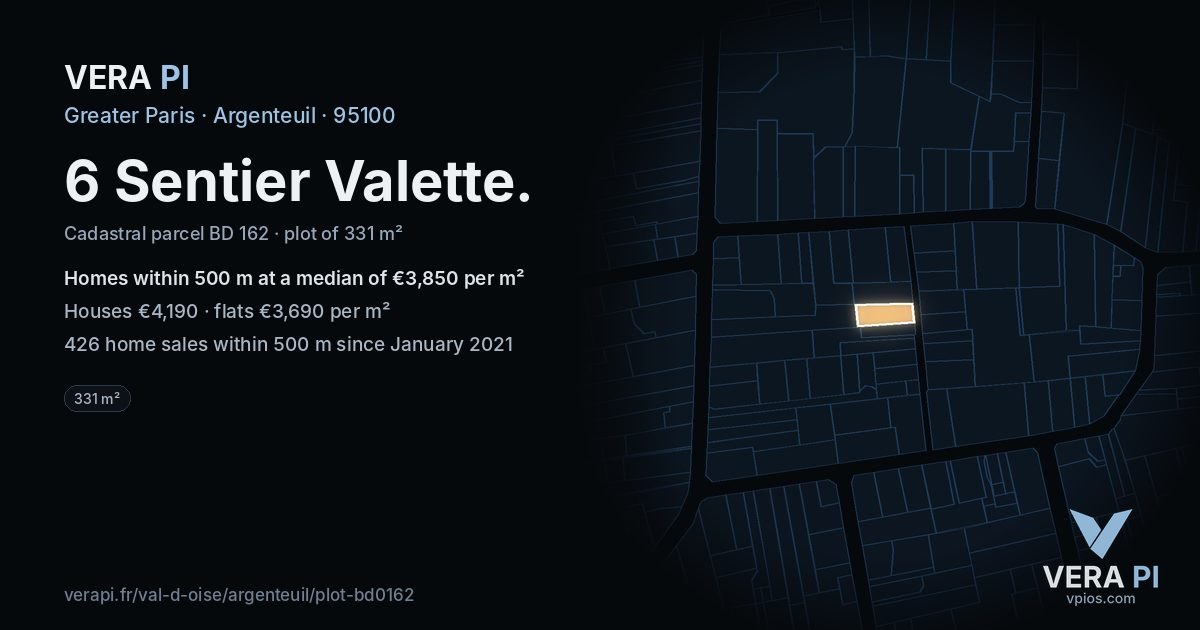 6 Sentier Valette, Argenteuil at night – the plot lit, the parcels around coloured by the prices near them