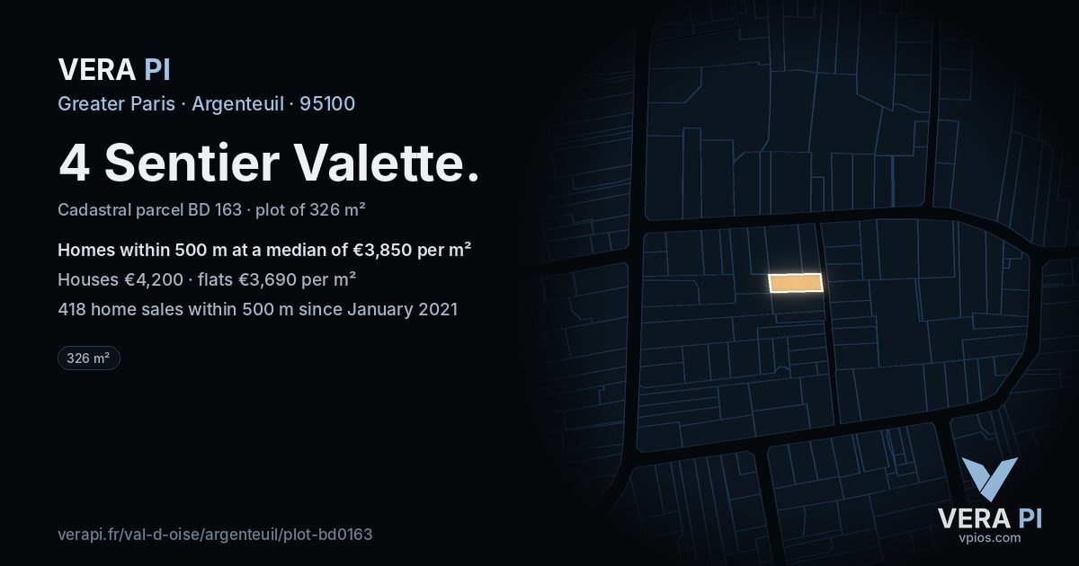 4 Sentier Valette, Argenteuil at night – the plot lit, the parcels around coloured by the prices near them