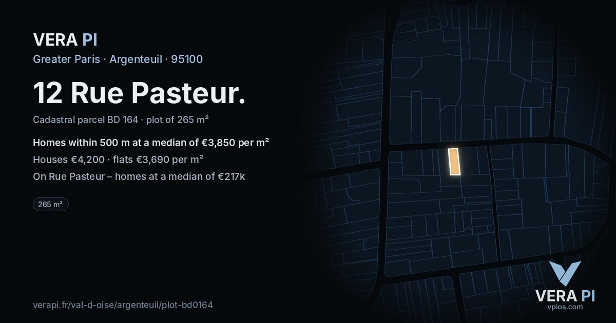 12 Rue Pasteur, Argenteuil at night – the plot lit, the parcels around coloured by the prices near them