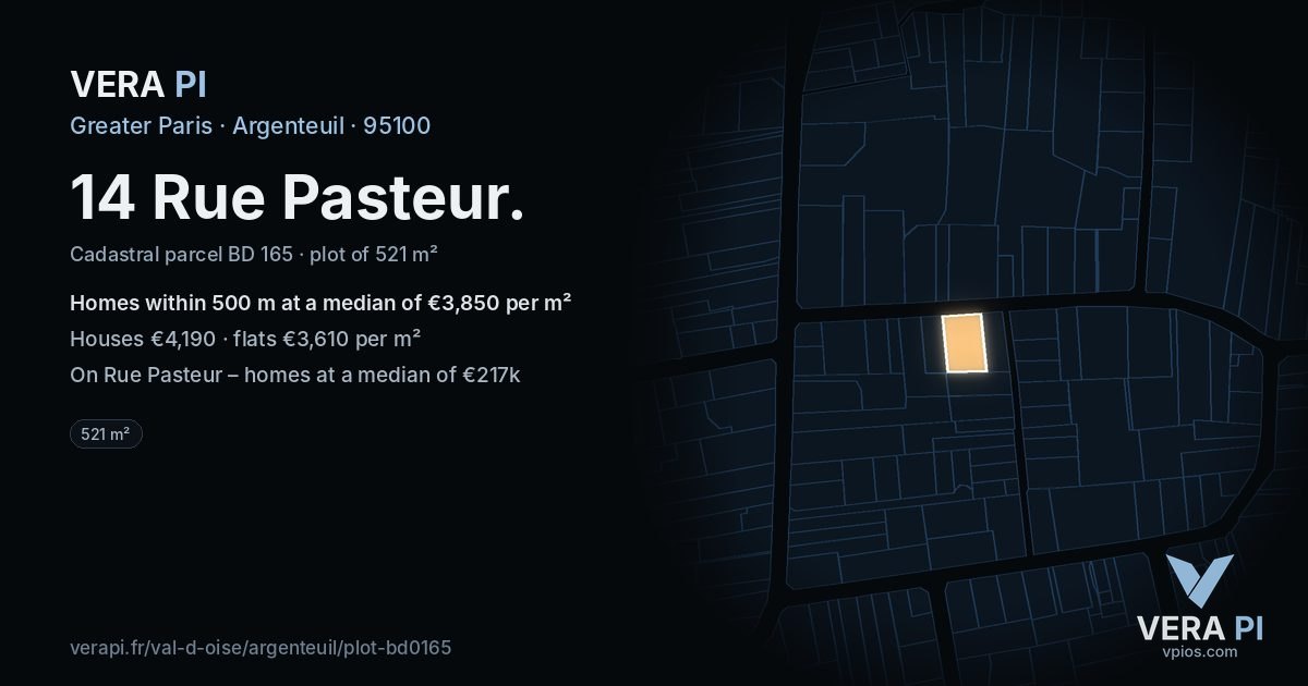 14 Rue Pasteur, Argenteuil at night – the plot lit, the parcels around coloured by the prices near them