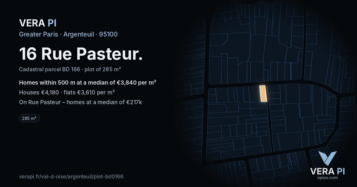 16 Rue Pasteur, Argenteuil at night – the plot lit, the parcels around coloured by the prices near them