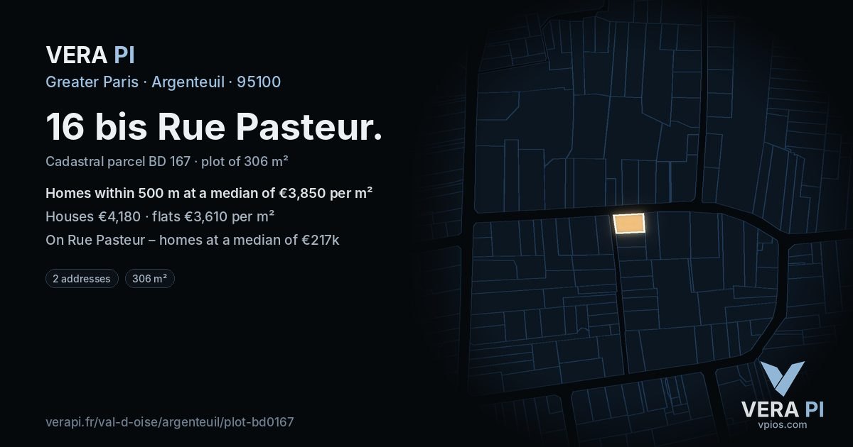 16 bis Rue Pasteur, Argenteuil at night – the plot lit, the parcels around coloured by the prices near them