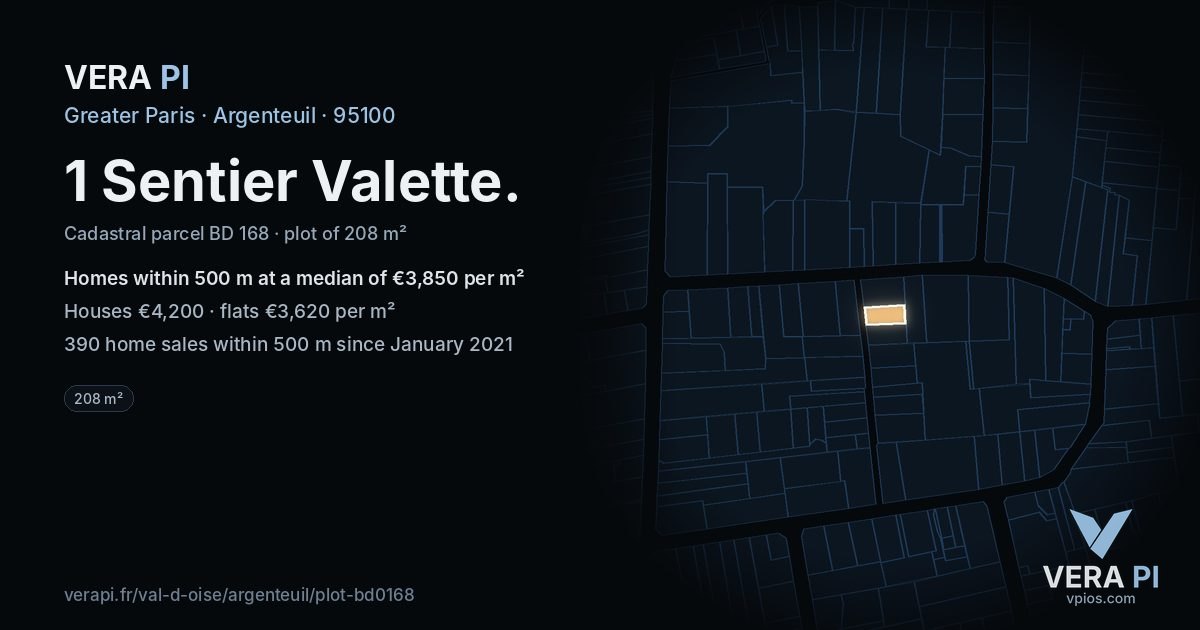 1 Sentier Valette, Argenteuil at night – the plot lit, the parcels around coloured by the prices near them