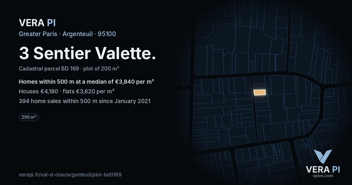 3 Sentier Valette, Argenteuil at night – the plot lit, the parcels around coloured by the prices near them