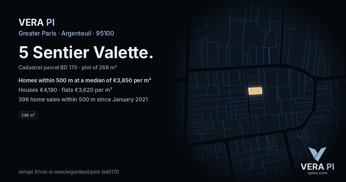 5 Sentier Valette, Argenteuil at night – the plot lit, the parcels around coloured by the prices near them