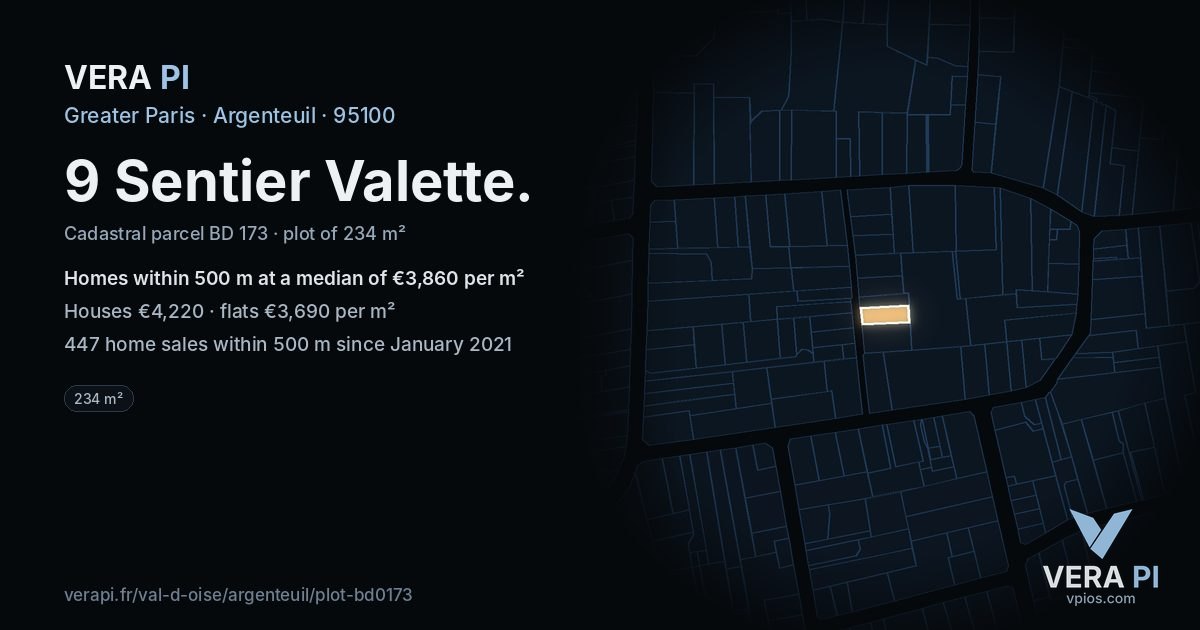 9 Sentier Valette, Argenteuil at night – the plot lit, the parcels around coloured by the prices near them