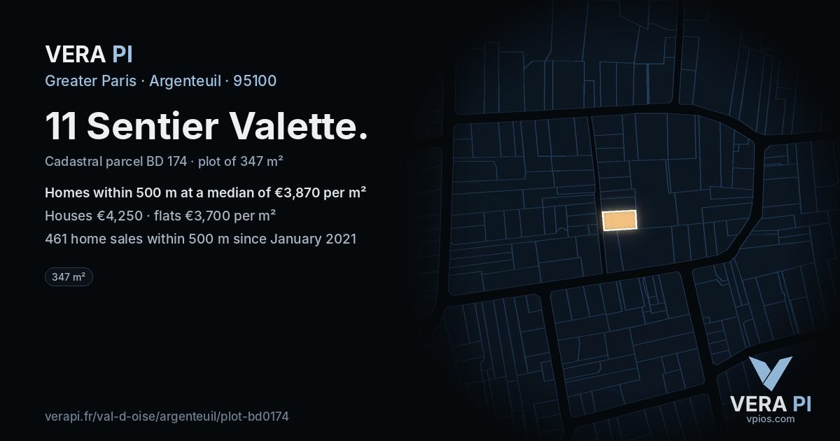 11 Sentier Valette, Argenteuil at night – the plot lit, the parcels around coloured by the prices near them