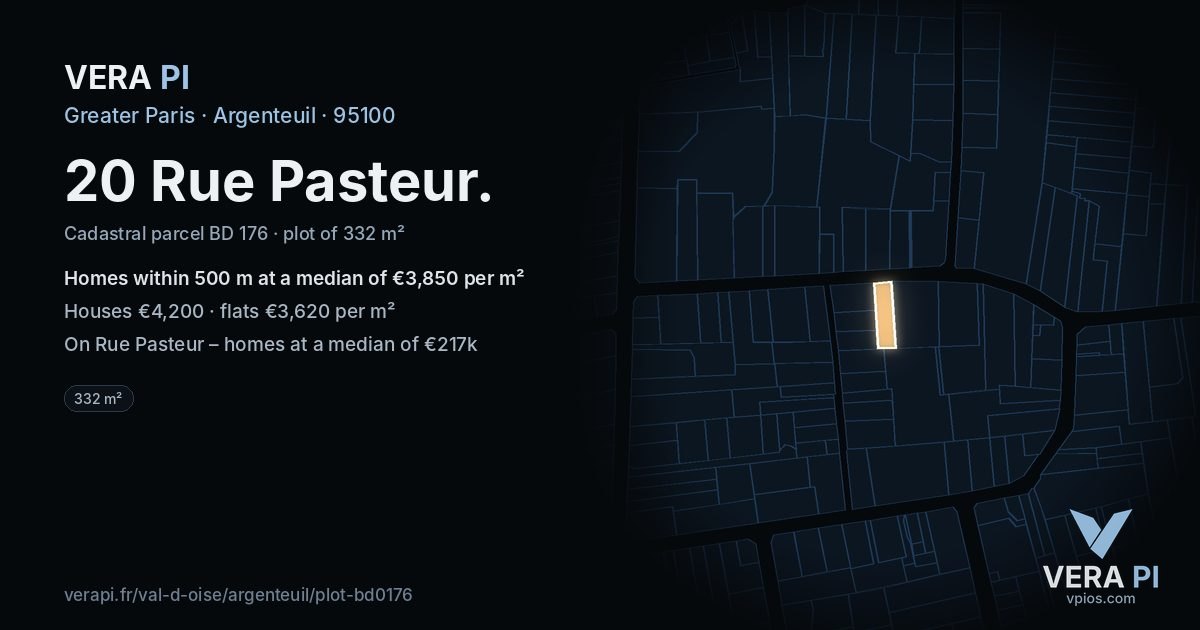 20 Rue Pasteur, Argenteuil at night – the plot lit, the parcels around coloured by the prices near them