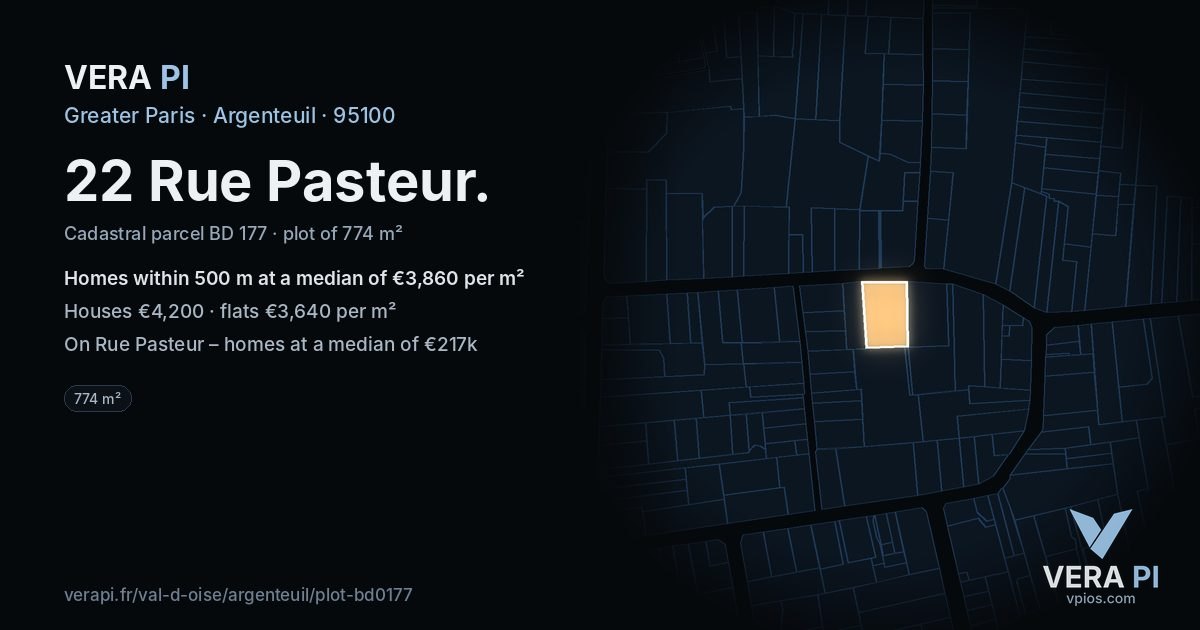 22 Rue Pasteur, Argenteuil at night – the plot lit, the parcels around coloured by the prices near them