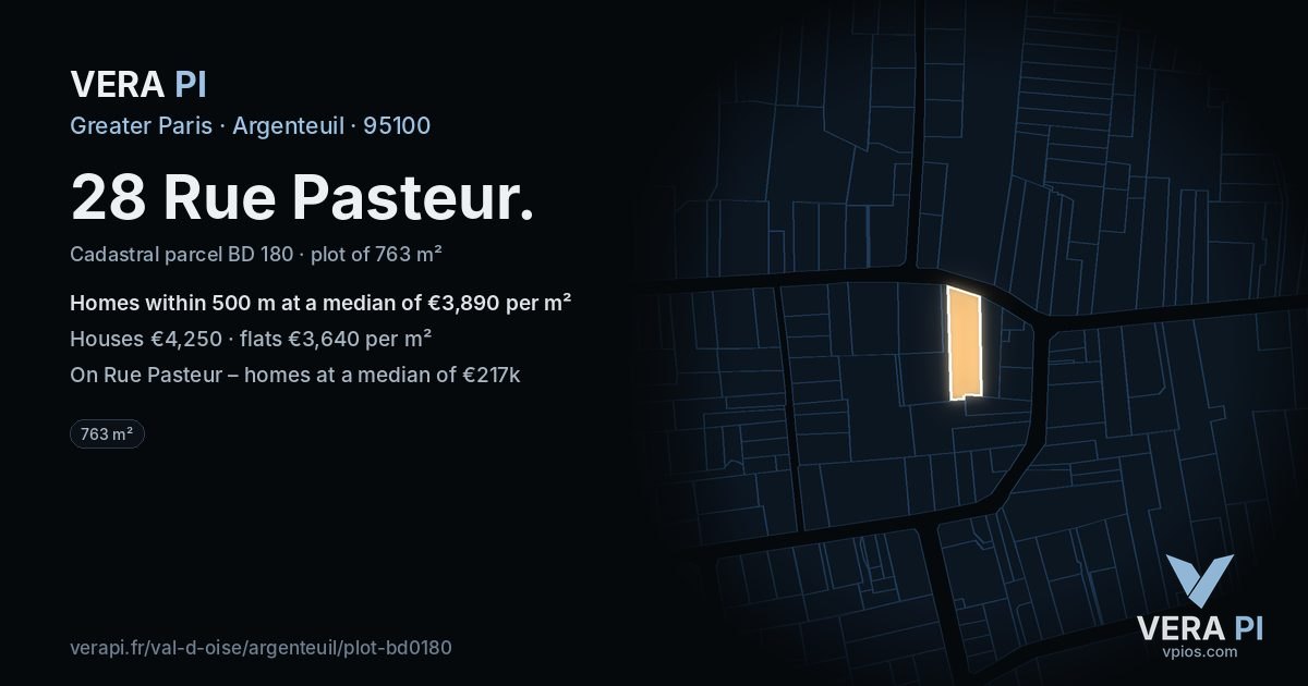 28 Rue Pasteur, Argenteuil at night – the plot lit, the parcels around coloured by the prices near them