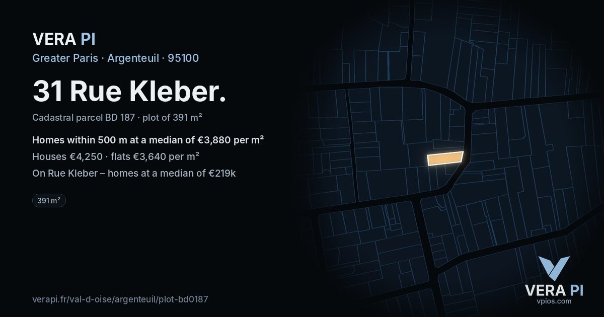 31 Rue Kleber, Argenteuil at night – the plot lit, the parcels around coloured by the prices near them