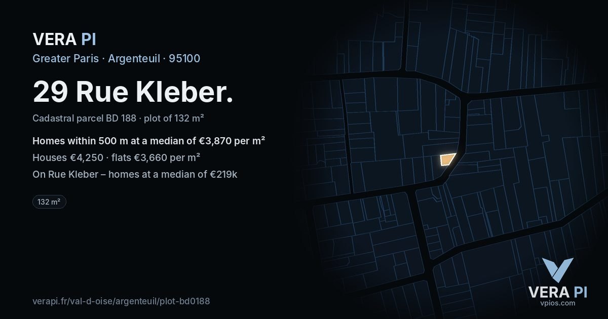29 Rue Kleber, Argenteuil at night – the plot lit, the parcels around coloured by the prices near them