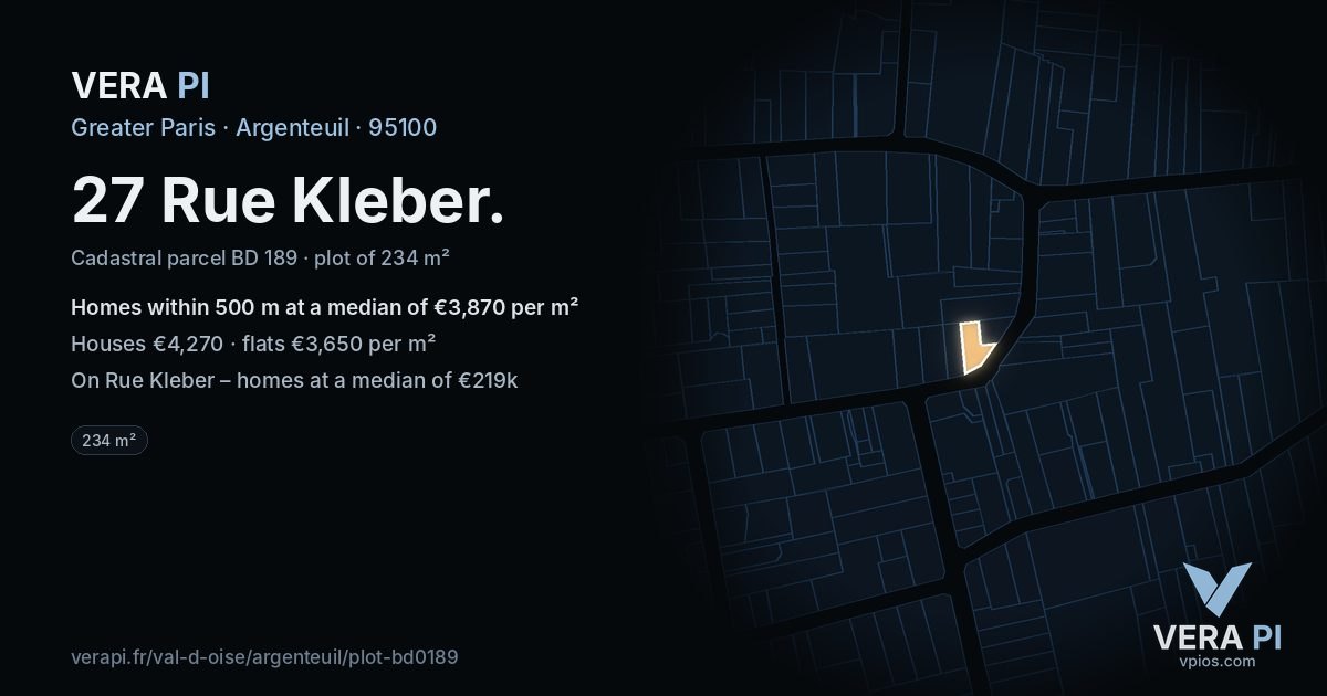 27 Rue Kleber, Argenteuil at night – the plot lit, the parcels around coloured by the prices near them