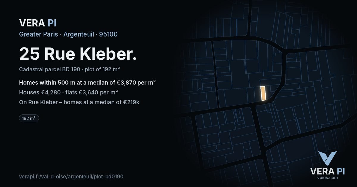 25 Rue Kleber, Argenteuil at night – the plot lit, the parcels around coloured by the prices near them