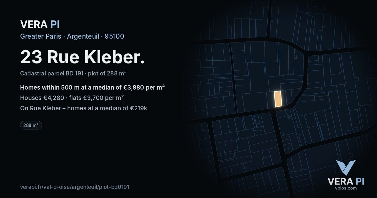 23 Rue Kleber, Argenteuil at night – the plot lit, the parcels around coloured by the prices near them
