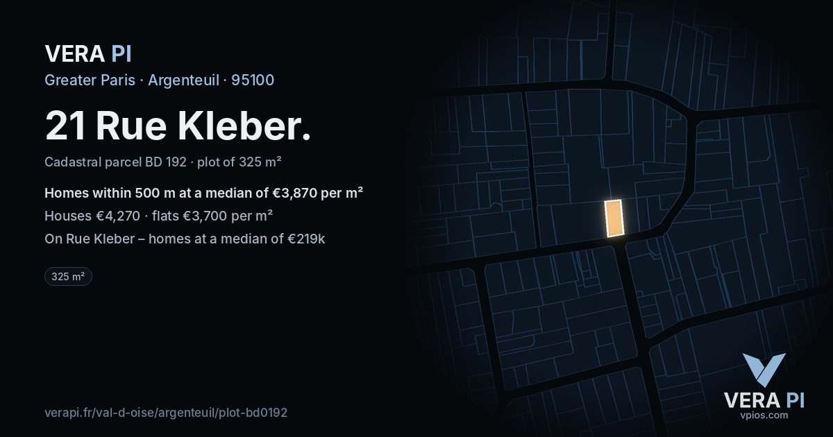 21 Rue Kleber, Argenteuil at night – the plot lit, the parcels around coloured by the prices near them
