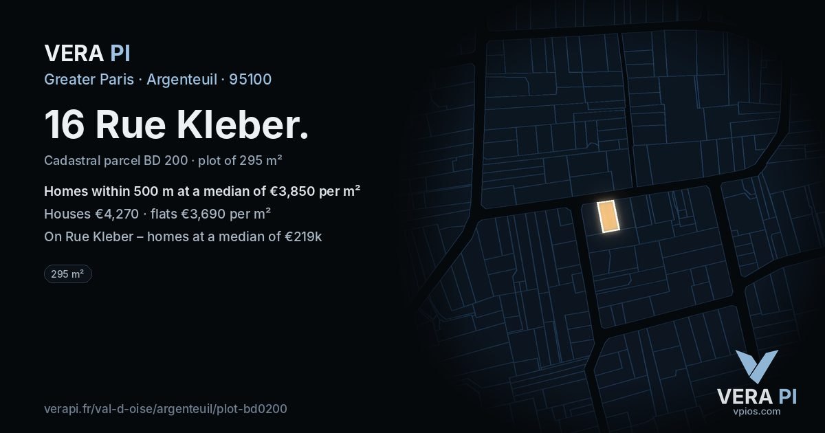 16 Rue Kleber, Argenteuil at night – the plot lit, the parcels around coloured by the prices near them