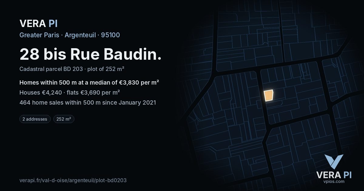 28 bis Rue Baudin, Argenteuil at night – the plot lit, the parcels around coloured by the prices near them