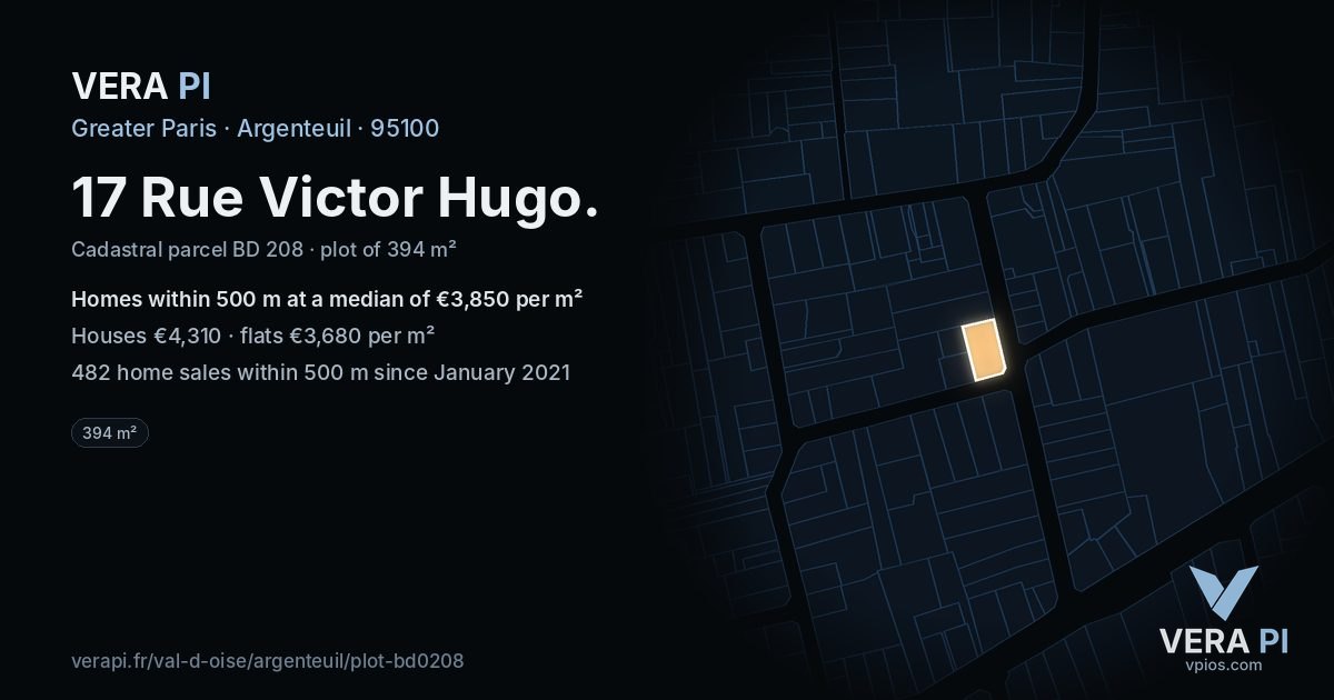 17 Rue Victor Hugo, Argenteuil at night – the plot lit, the parcels around coloured by the prices near them