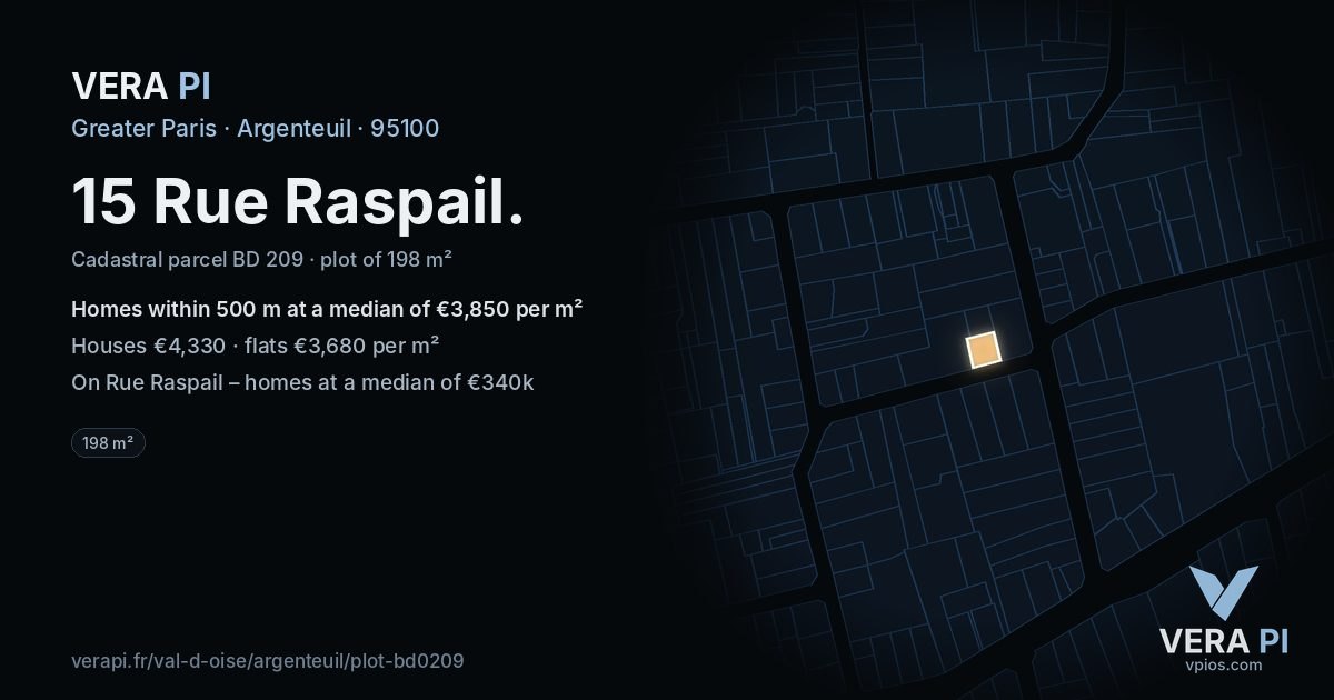 15 Rue Raspail, Argenteuil at night – the plot lit, the parcels around coloured by the prices near them