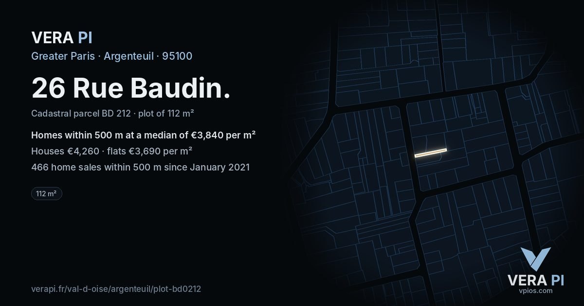26 Rue Baudin, Argenteuil at night – the plot lit, the parcels around coloured by the prices near them