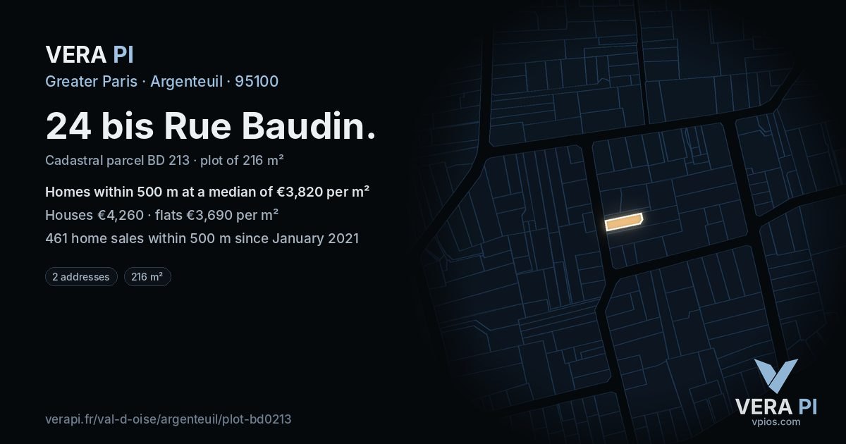 24 bis Rue Baudin, Argenteuil at night – the plot lit, the parcels around coloured by the prices near them