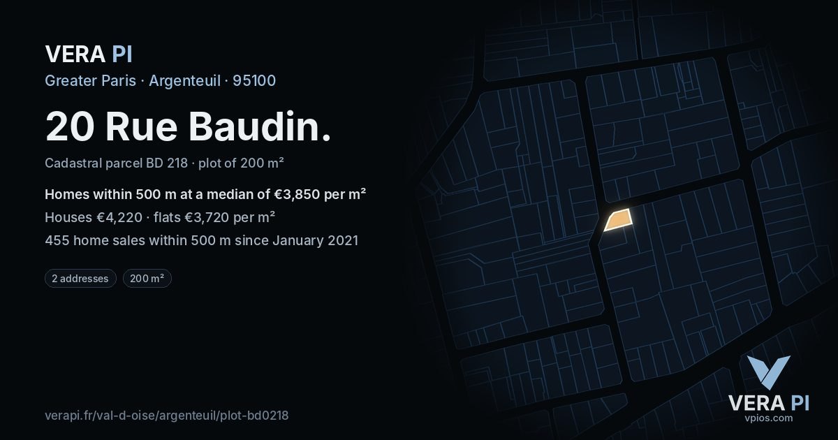 20 Rue Baudin, Argenteuil at night – the plot lit, the parcels around coloured by the prices near them