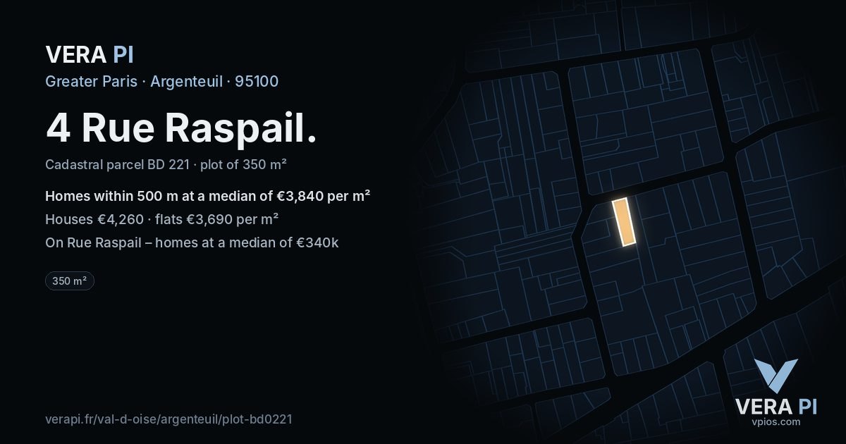 4 Rue Raspail, Argenteuil at night – the plot lit, the parcels around coloured by the prices near them