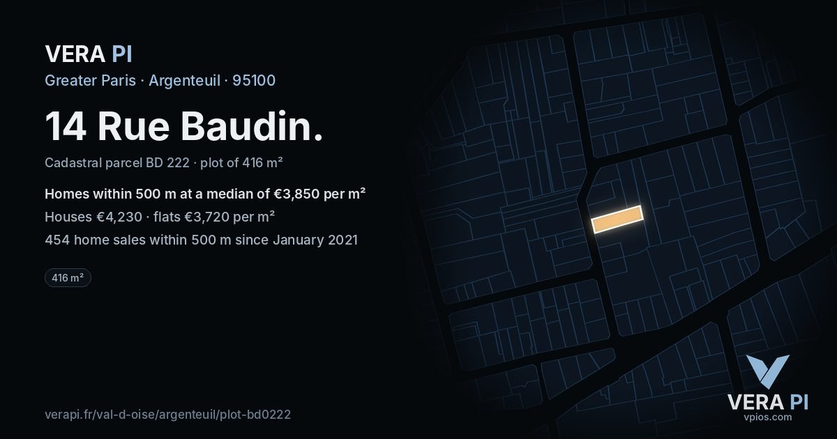 14 Rue Baudin, Argenteuil at night – the plot lit, the parcels around coloured by the prices near them