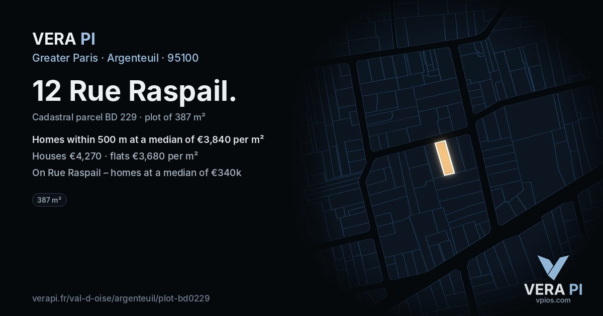 12 Rue Raspail, Argenteuil at night – the plot lit, the parcels around coloured by the prices near them
