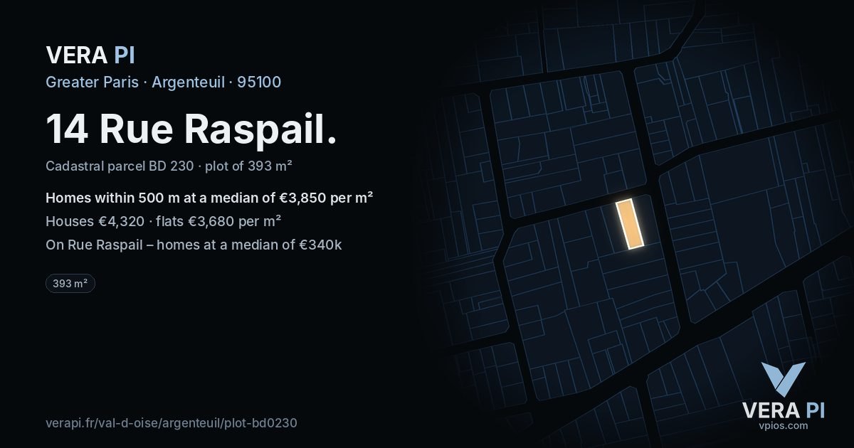14 Rue Raspail, Argenteuil at night – the plot lit, the parcels around coloured by the prices near them