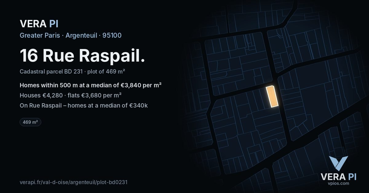 16 Rue Raspail, Argenteuil at night – the plot lit, the parcels around coloured by the prices near them