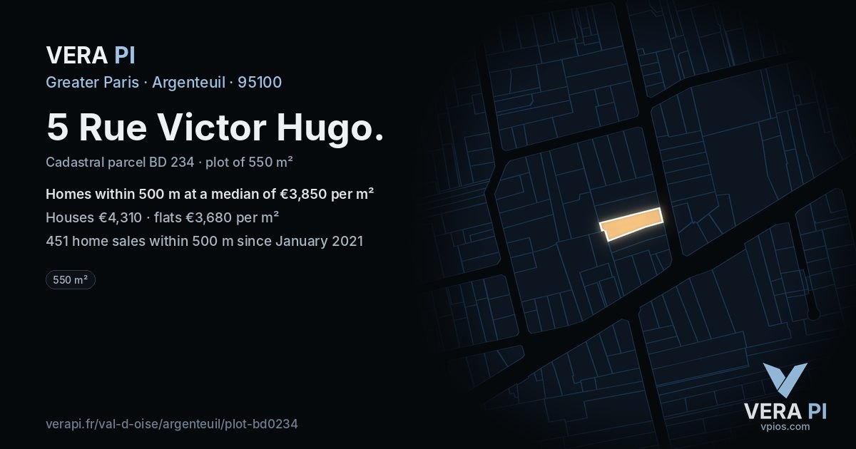 5 Rue Victor Hugo, Argenteuil at night – the plot lit, the parcels around coloured by the prices near them