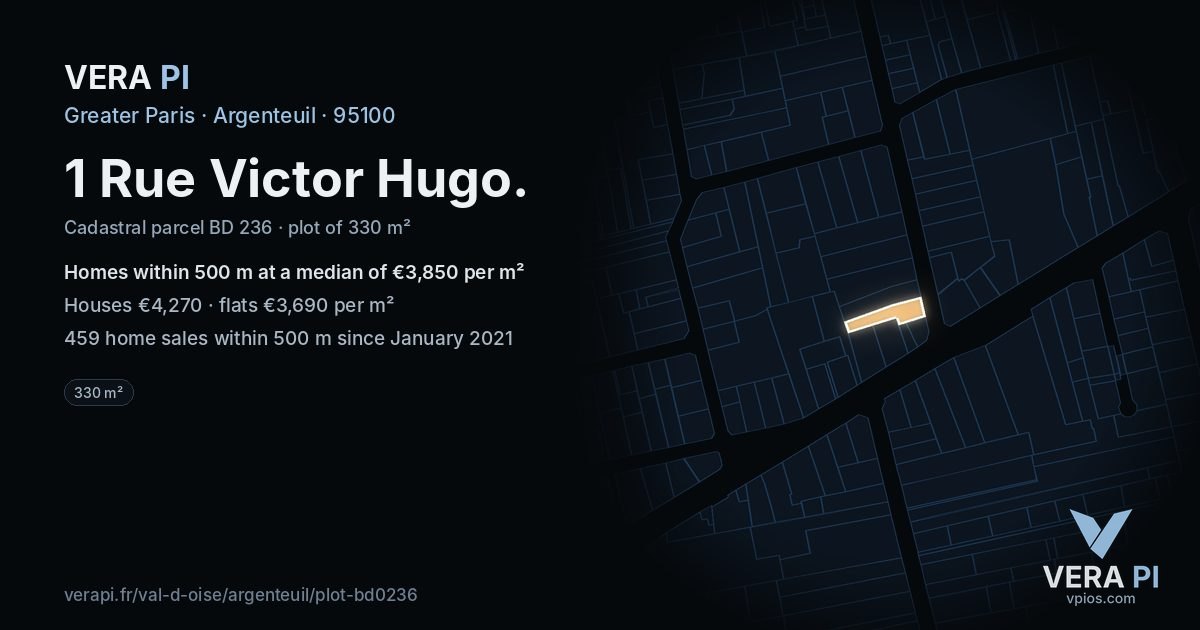 1 Rue Victor Hugo, Argenteuil at night – the plot lit, the parcels around coloured by the prices near them