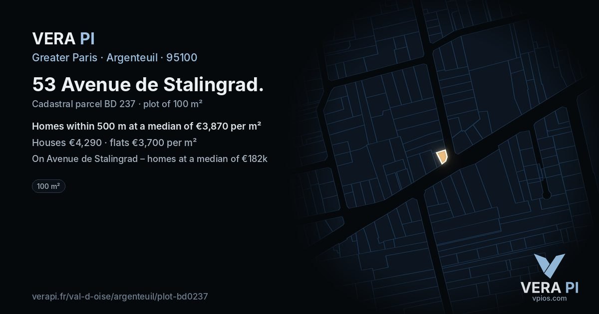 53 Avenue de Stalingrad, Argenteuil at night – the plot lit, the parcels around coloured by the prices near them
