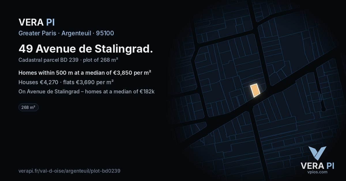 49 Avenue de Stalingrad, Argenteuil at night – the plot lit, the parcels around coloured by the prices near them