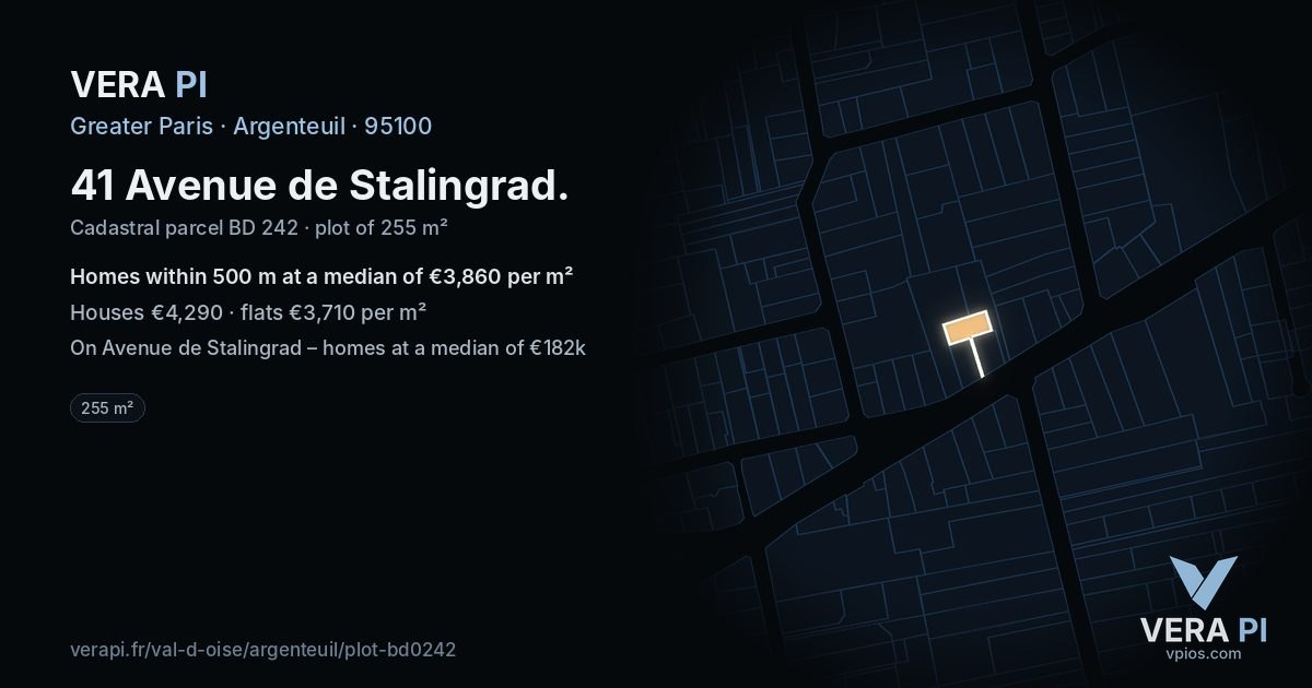 41 Avenue de Stalingrad, Argenteuil at night – the plot lit, the parcels around coloured by the prices near them