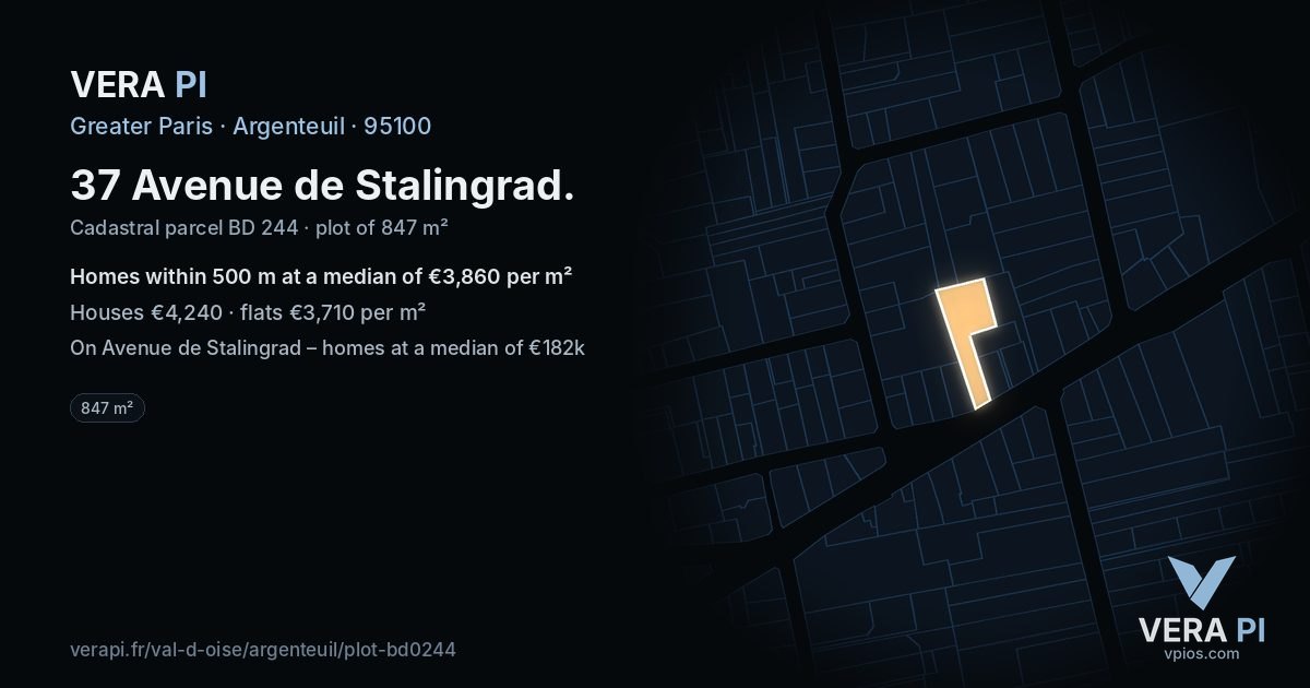 37 Avenue de Stalingrad, Argenteuil at night – the plot lit, the parcels around coloured by the prices near them