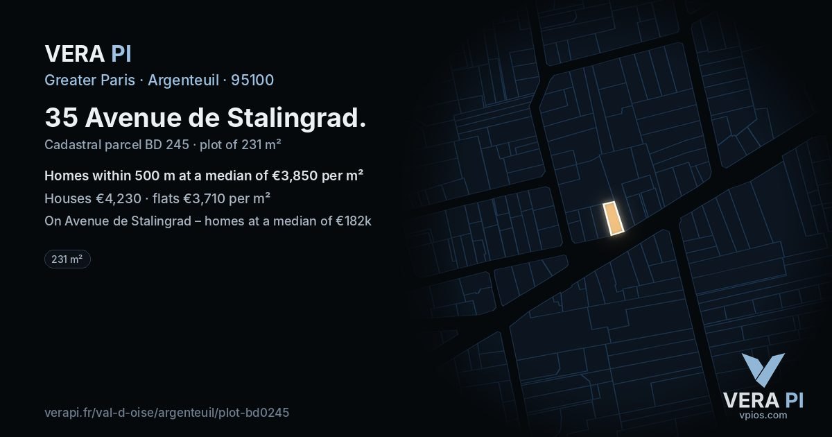 35 Avenue de Stalingrad, Argenteuil at night – the plot lit, the parcels around coloured by the prices near them