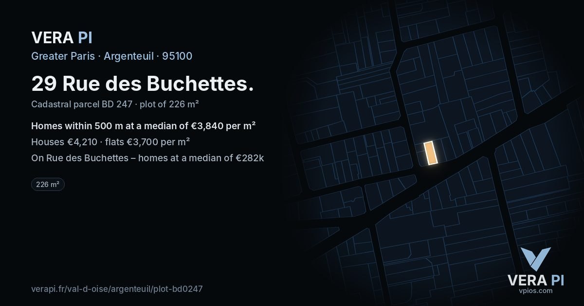 29 Rue des Buchettes, Argenteuil at night – the plot lit, the parcels around coloured by the prices near them