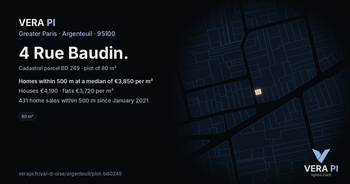 4 Rue Baudin, Argenteuil at night – the plot lit, the parcels around coloured by the prices near them
