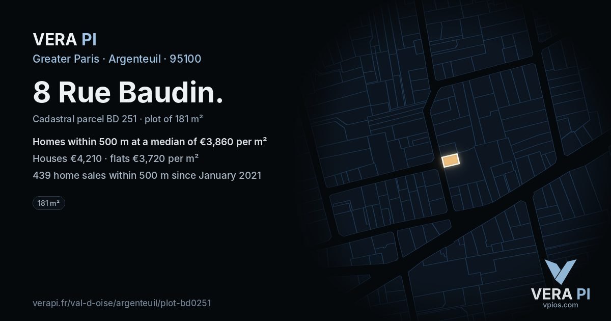 8 Rue Baudin, Argenteuil at night – the plot lit, the parcels around coloured by the prices near them