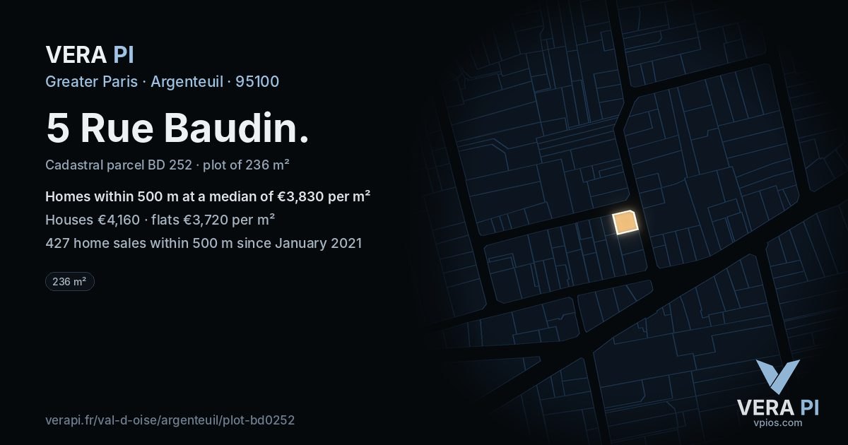 5 Rue Baudin, Argenteuil at night – the plot lit, the parcels around coloured by the prices near them