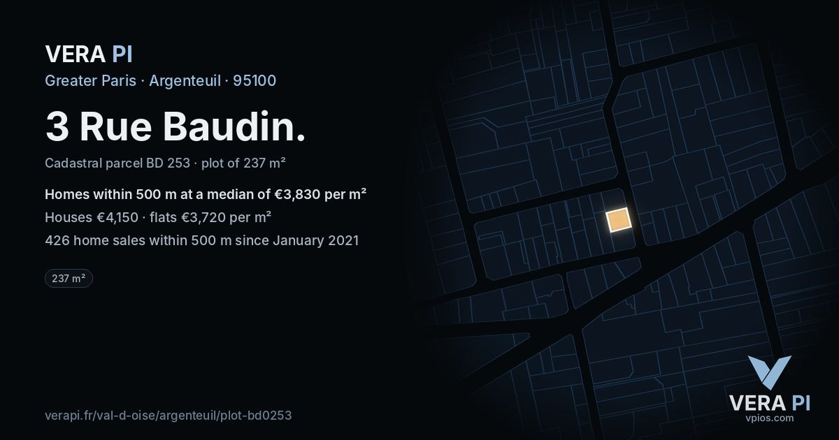 3 Rue Baudin, Argenteuil at night – the plot lit, the parcels around coloured by the prices near them
