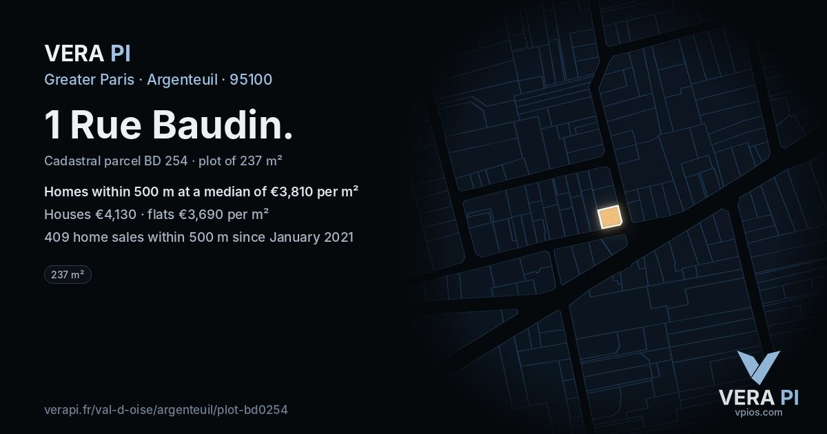 1 Rue Baudin, Argenteuil at night – the plot lit, the parcels around coloured by the prices near them