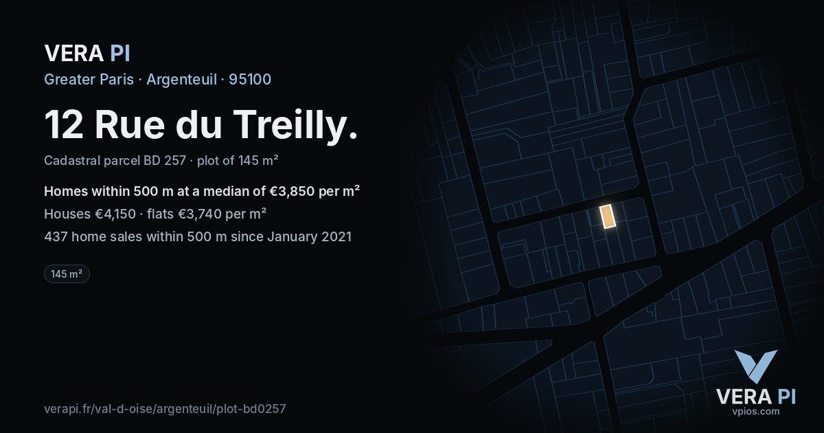 12 Rue du Treilly, Argenteuil at night – the plot lit, the parcels around coloured by the prices near them