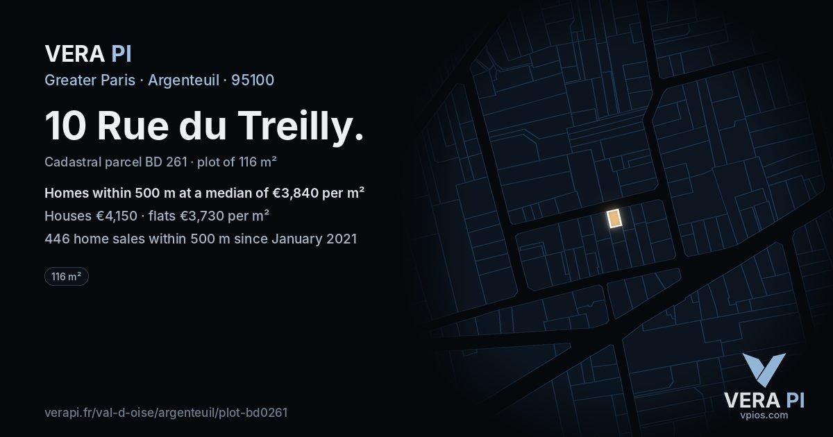 10 Rue du Treilly, Argenteuil at night – the plot lit, the parcels around coloured by the prices near them