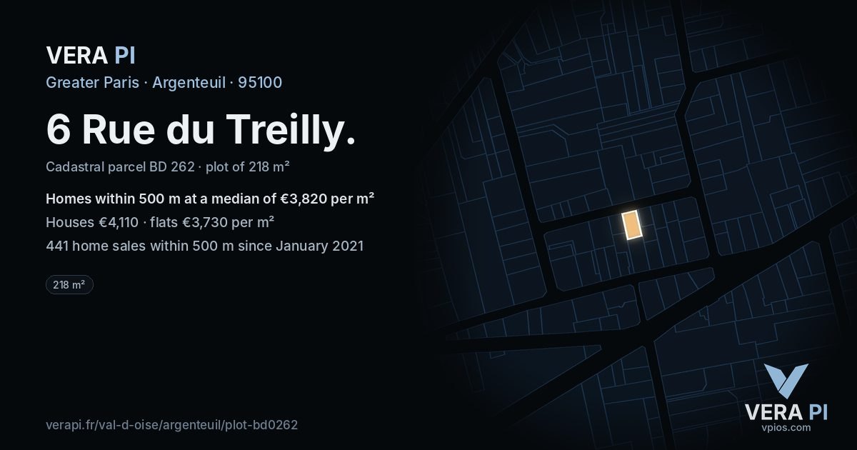 6 Rue du Treilly, Argenteuil at night – the plot lit, the parcels around coloured by the prices near them