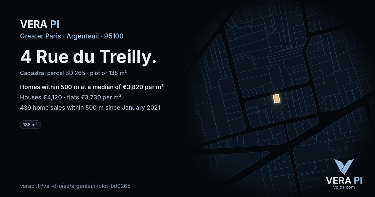 4 Rue du Treilly, Argenteuil at night – the plot lit, the parcels around coloured by the prices near them